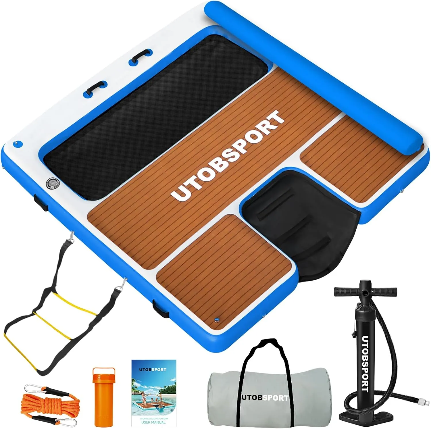 Inflatable Floating Dock 8X8 FT with Water Hammock & Water Ramp Floating Island/Floating Rafts/Floating Platform, Wood Grain Non - Slip Surface, Ideal for Pool, Ocean, Lakes