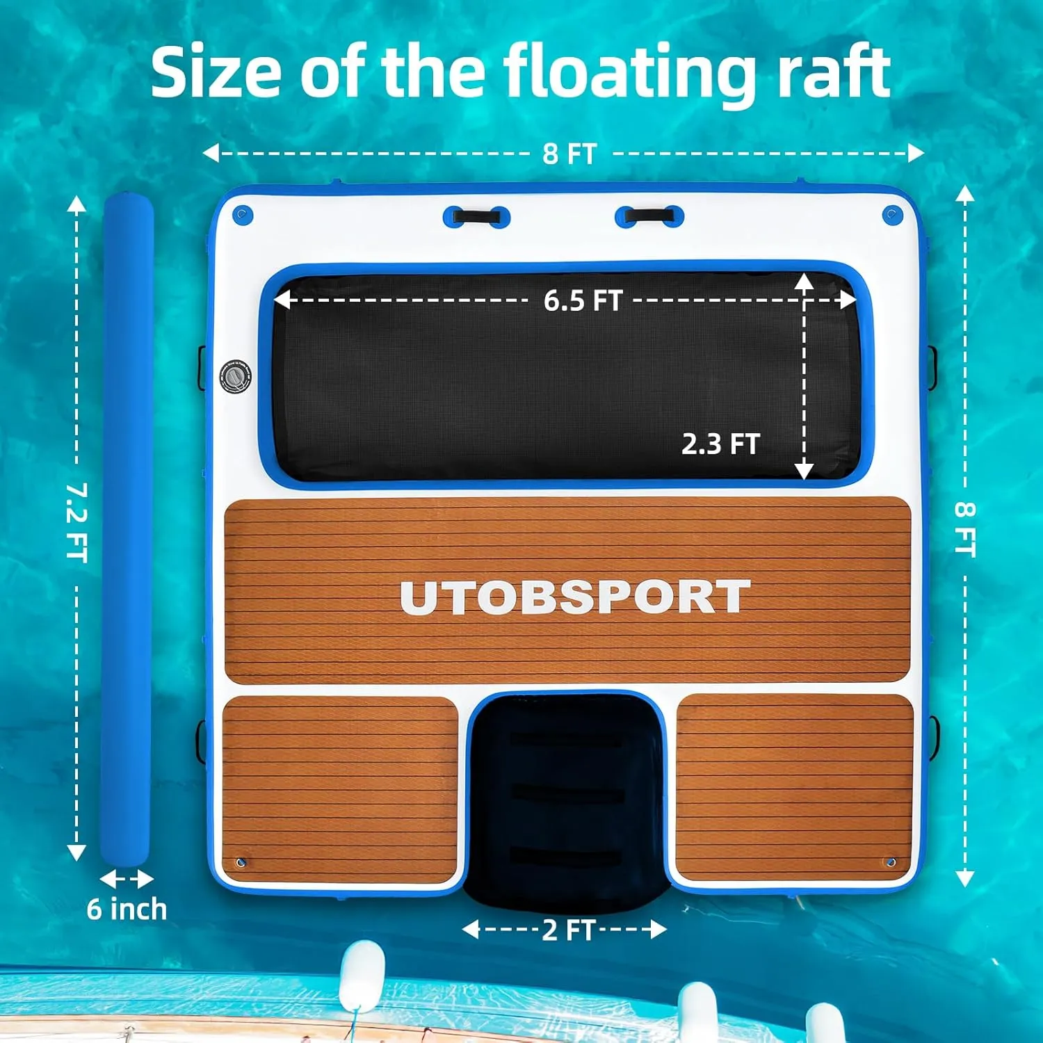 Inflatable Floating Dock 8X8 FT with Water Hammock & Water Ramp Floating Island/Floating Rafts/Floating Platform, Wood Grain Non - Slip Surface, Ideal for Pool, Ocean, Lakes