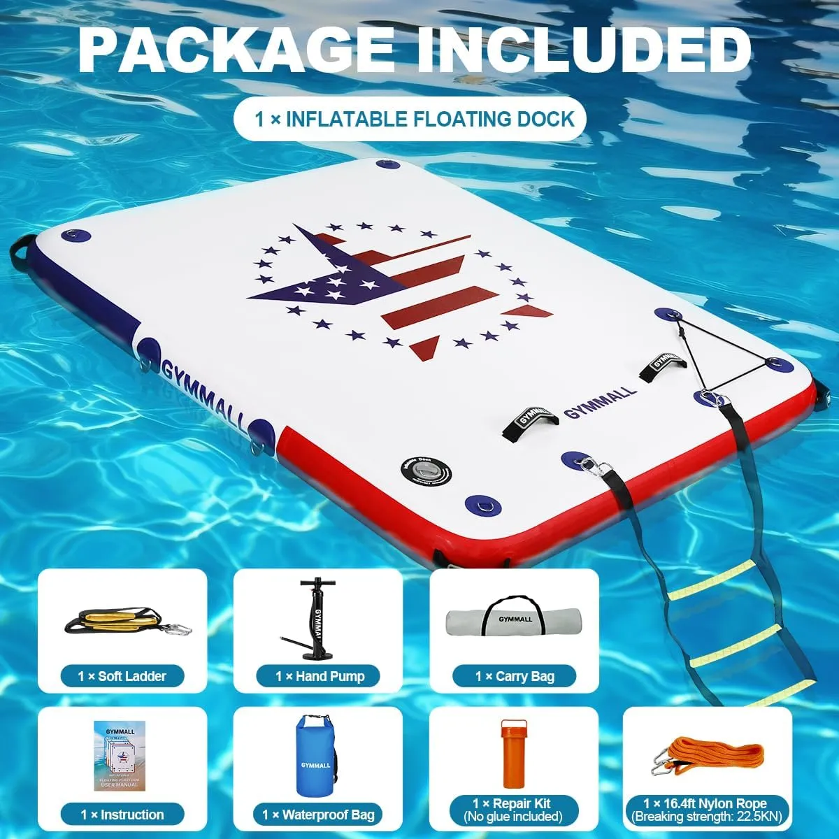 Inflatable Floating Dock Platform, 5FT/ 6FT/ 8FT/ 10FT/ 12FT Air Dock Platform Floating Island Raft with None-Slip Surface, 6in Thick Water Floating Dock Mat for Swimming Pool Lake Beach Ocean