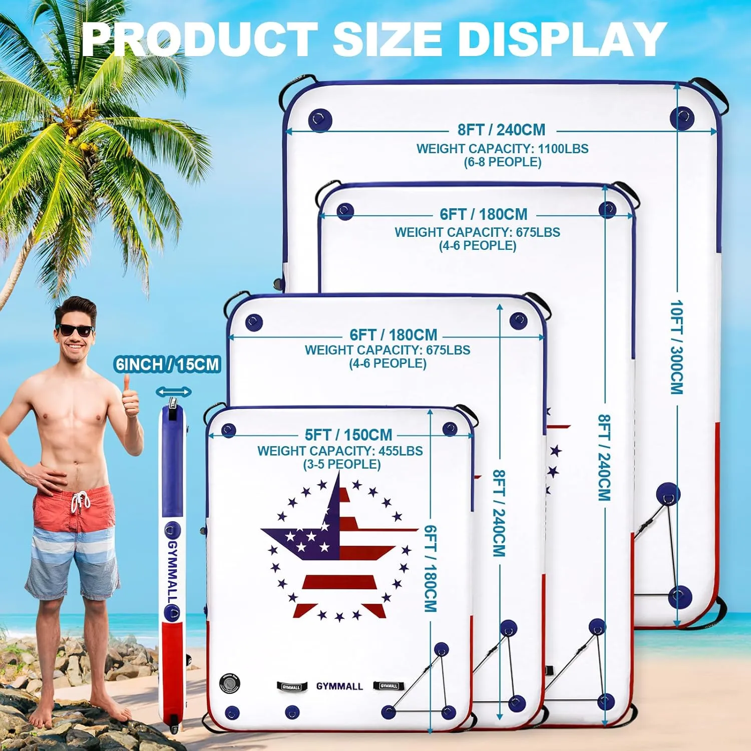 Inflatable Floating Dock Platform, 5FT/ 6FT/ 8FT/ 10FT/ 12FT Air Dock Platform Floating Island Raft with None-Slip Surface, 6in Thick Water Floating Dock Mat for Swimming Pool Lake Beach Ocean