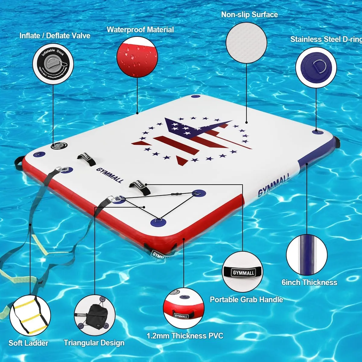 Inflatable Floating Dock Platform, 5FT/ 6FT/ 8FT/ 10FT/ 12FT Air Dock Platform Floating Island Raft with None-Slip Surface, 6in Thick Water Floating Dock Mat for Swimming Pool Lake Beach Ocean