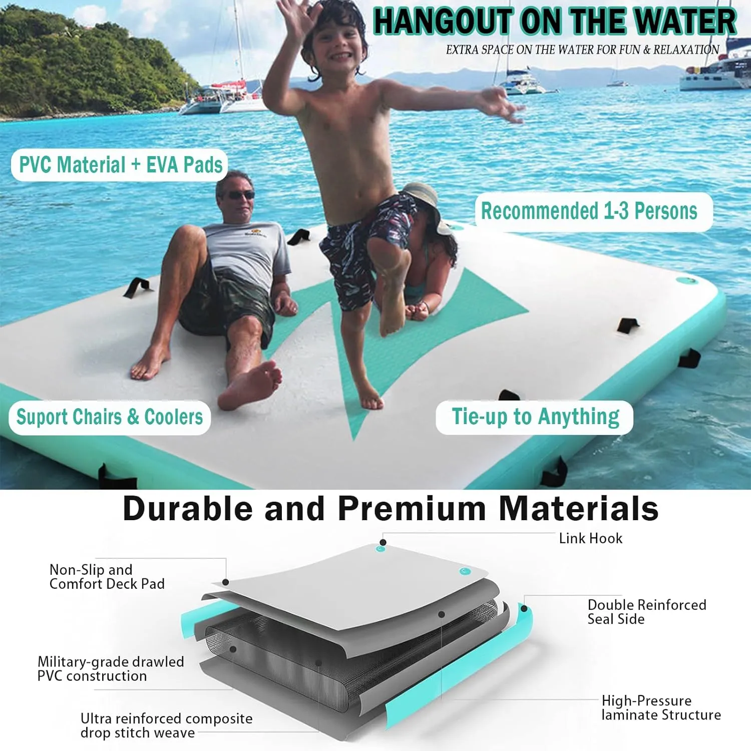 Inflatable Floating Dock Platform, Floating Island for Lake, 6 inch Thickness, Enlarged & Non-Slip Inflatable Dock Kit for River/Pool/Beach/Ocean, Water Mat Swim Raft for Adults Kids Dogs