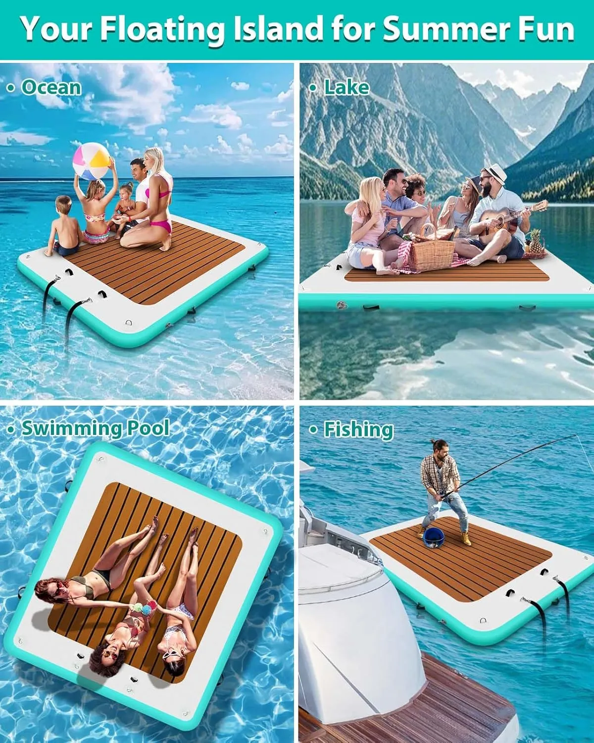 Inflatable Floating Dock Platform for Lake Sea Swimming Pool Water Boat 6.6ft/8.2ft/10ft/12ft Raft Island Floats with Storage Bag