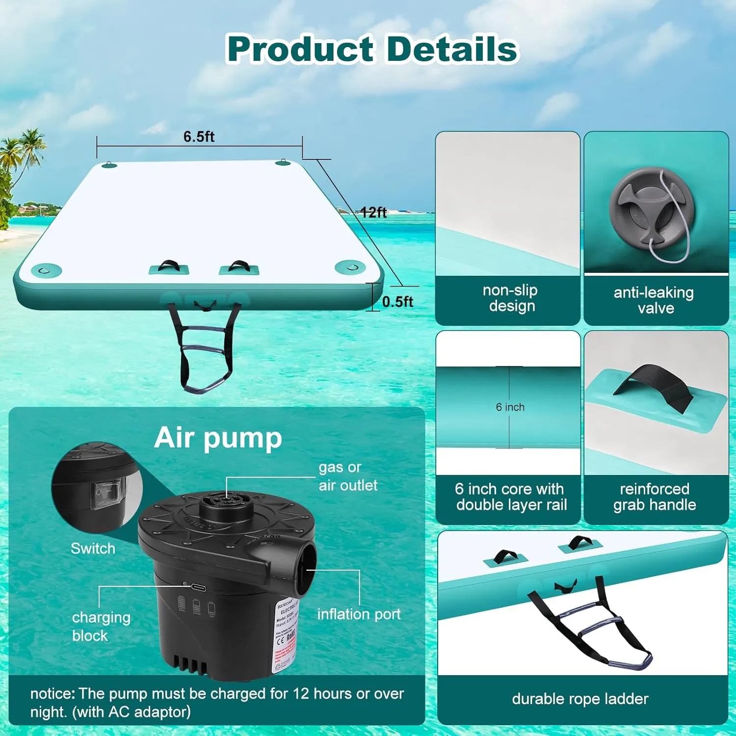 Inflatable Floating Docks for Lake (12 X 6.5 Ft /10 X 6.5Ft /8 X 6.5Ft) Inflatable Floating Dock with Rechargeable Air Pump Floating Platform for Pool Beach Ocean Lake Floating Dock Inflatable Rafts