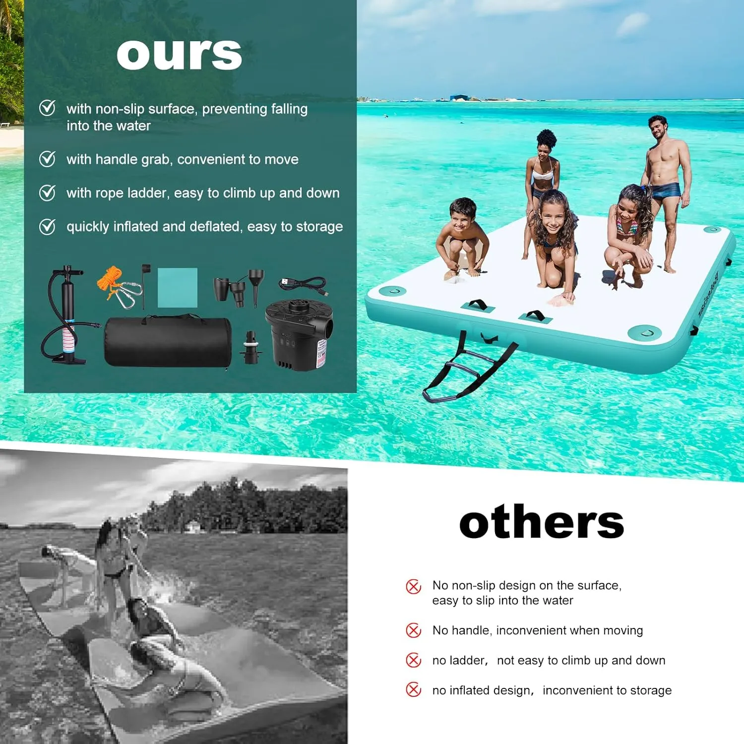 Inflatable Floating Docks for Lake (12 X 6.5 Ft /10 X 6.5Ft /8 X 6.5Ft) Inflatable Floating Dock with Rechargeable Air Pump Floating Platform for Pool Beach Ocean Lake Floating Dock Inflatable Rafts