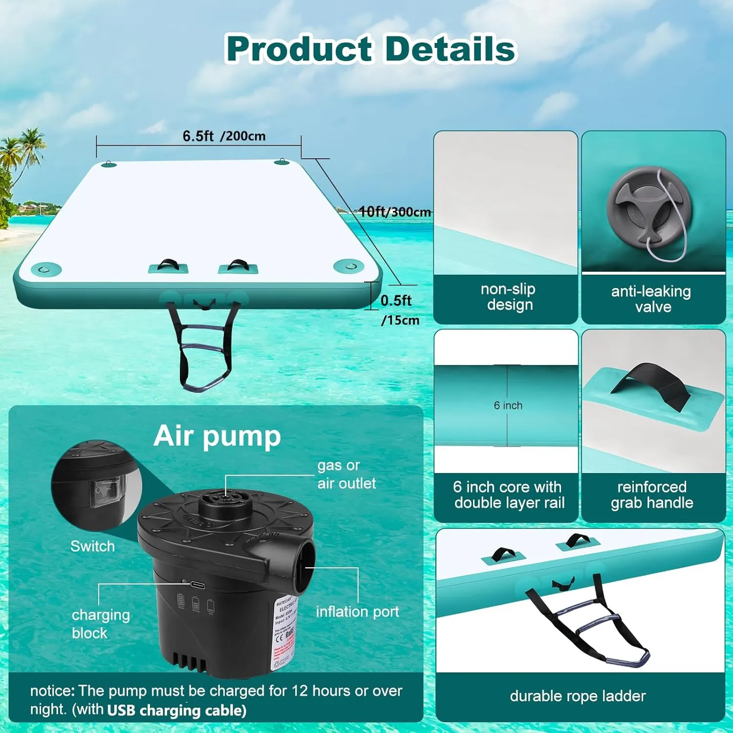 Inflatable Floating Docks for Lake (12 X 6.5 Ft /10 X 6.5Ft /8 X 6.5Ft) Inflatable Floating Dock with Rechargeable Air Pump Floating Platform for Pool Beach Ocean Lake Floating Dock Inflatable Rafts