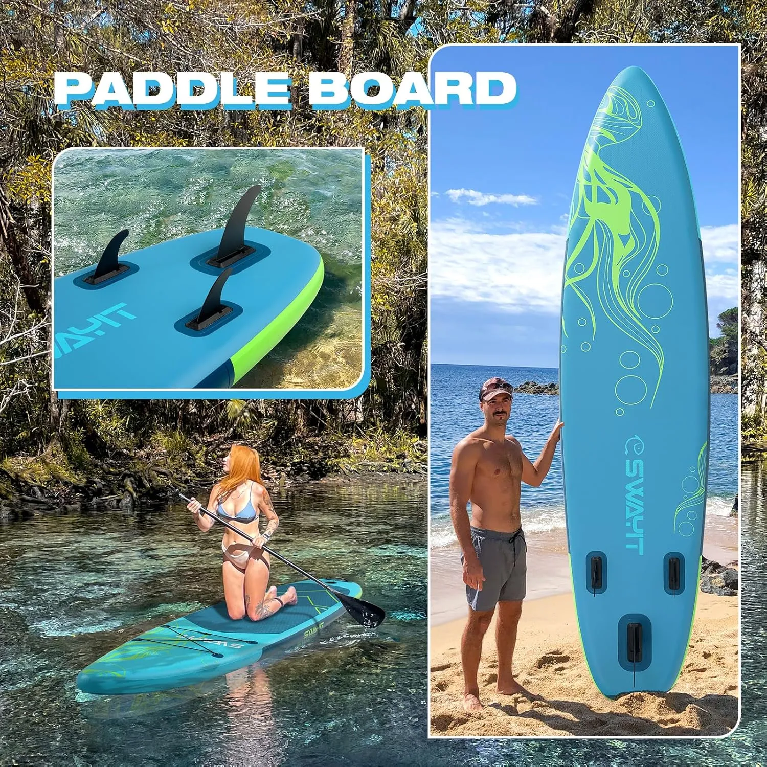 Inflatable Stand Up Paddle Board – Durable SUP with Adjustable Paddle,Dual Action Pump, Carry Bag, Ankle Leash, Non-Slip EVA Deck – All Skill Levels