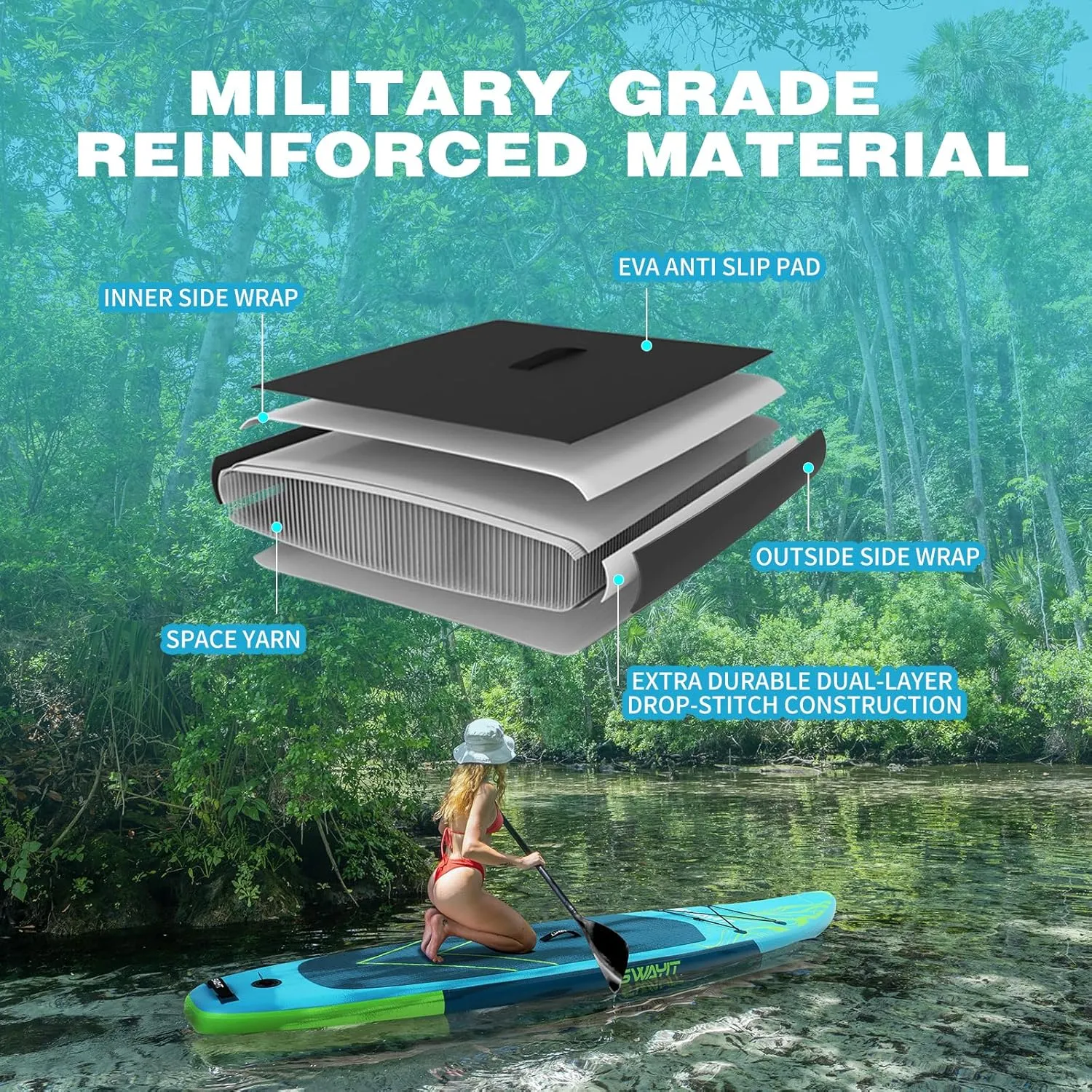 Inflatable Stand Up Paddle Board – Durable SUP with Adjustable Paddle,Dual Action Pump, Carry Bag, Ankle Leash, Non-Slip EVA Deck – All Skill Levels
