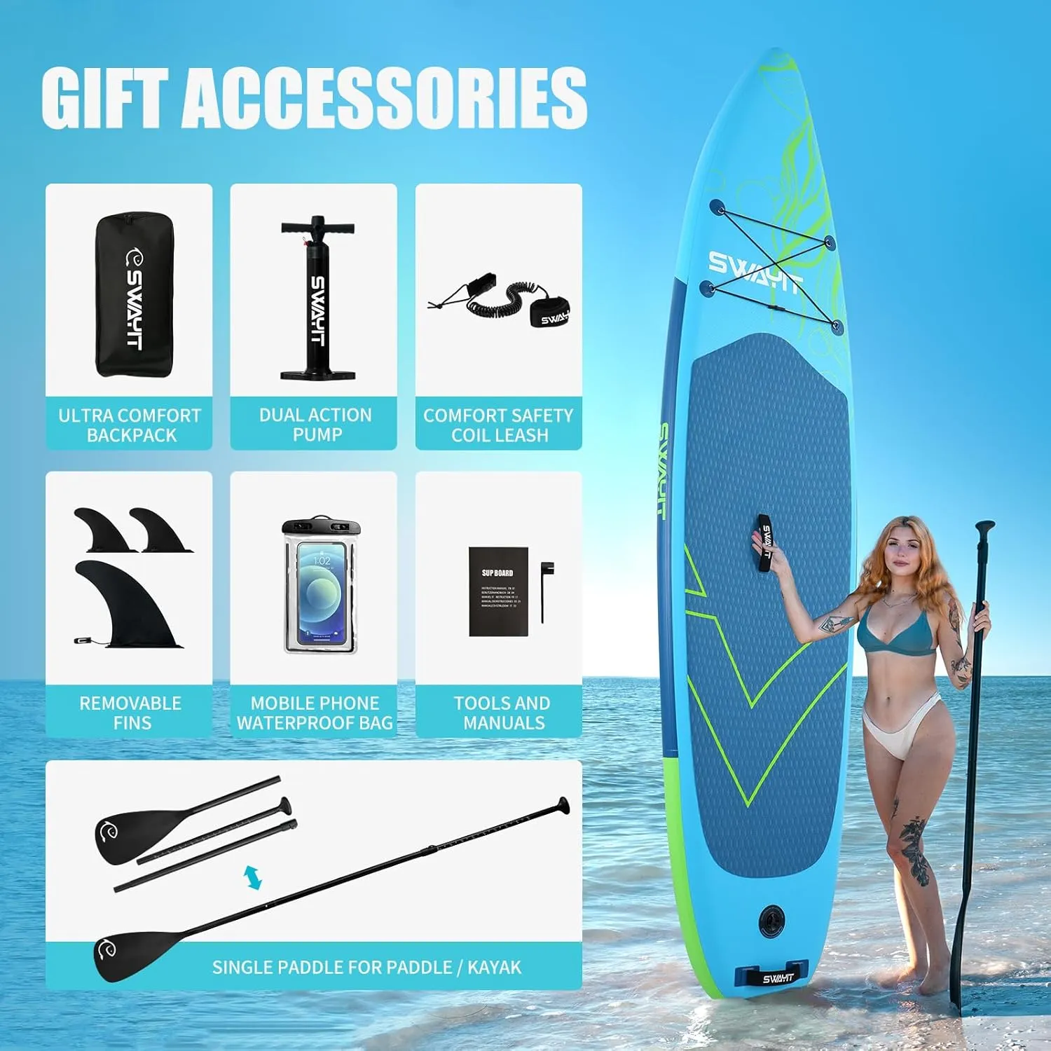 Inflatable Stand Up Paddle Board – Durable SUP with Adjustable Paddle,Dual Action Pump, Carry Bag, Ankle Leash, Non-Slip EVA Deck – All Skill Levels