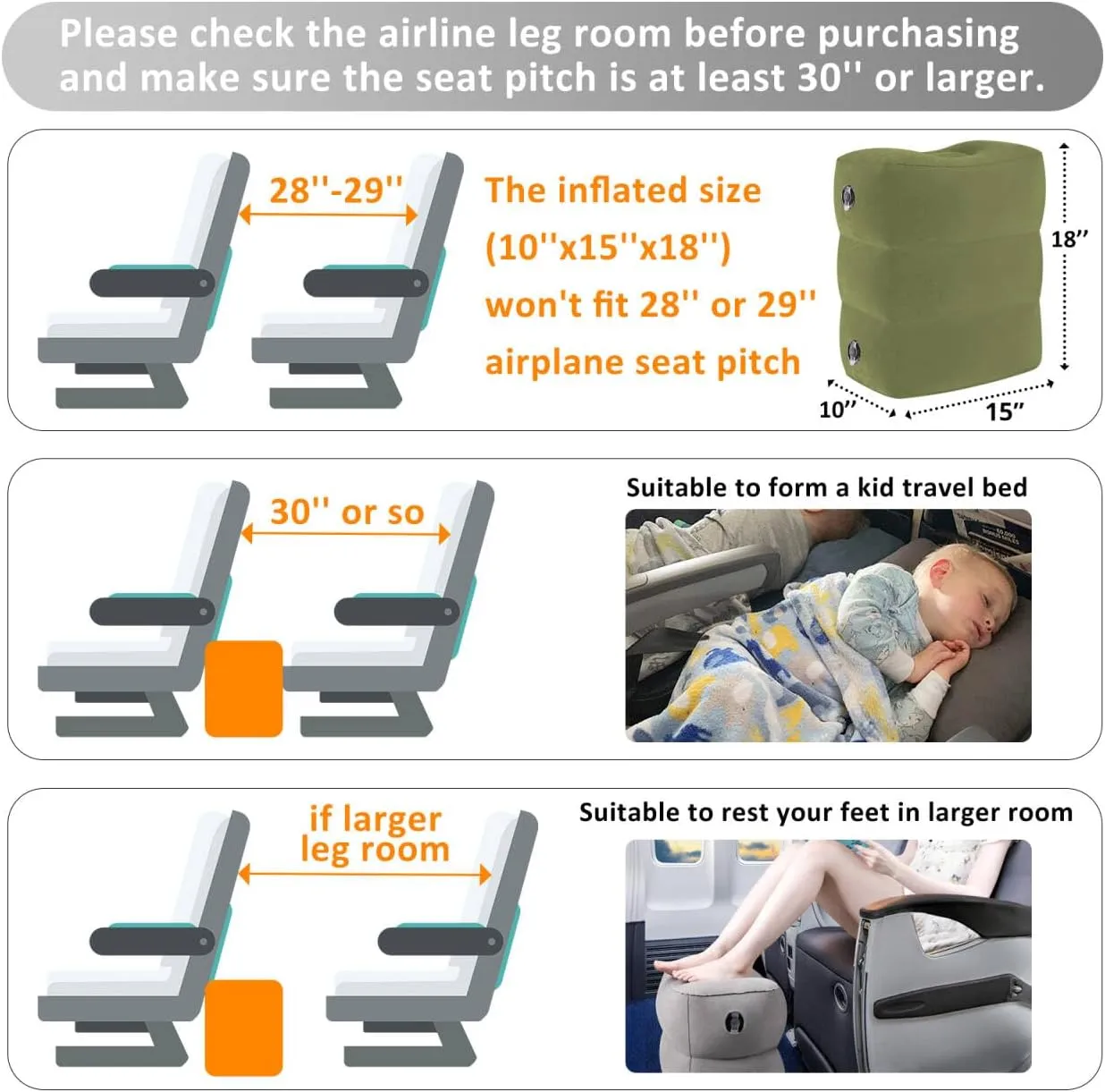 Inflatable Travel Foot Rest Pillow - Blow up Foot Rest for Air Travel, Portable footrest in Airplane for Adults, Car Seat Foot Rest for Kids, Toddlers Airplane Bed with Easy-Carry Strap, Green 2Pack