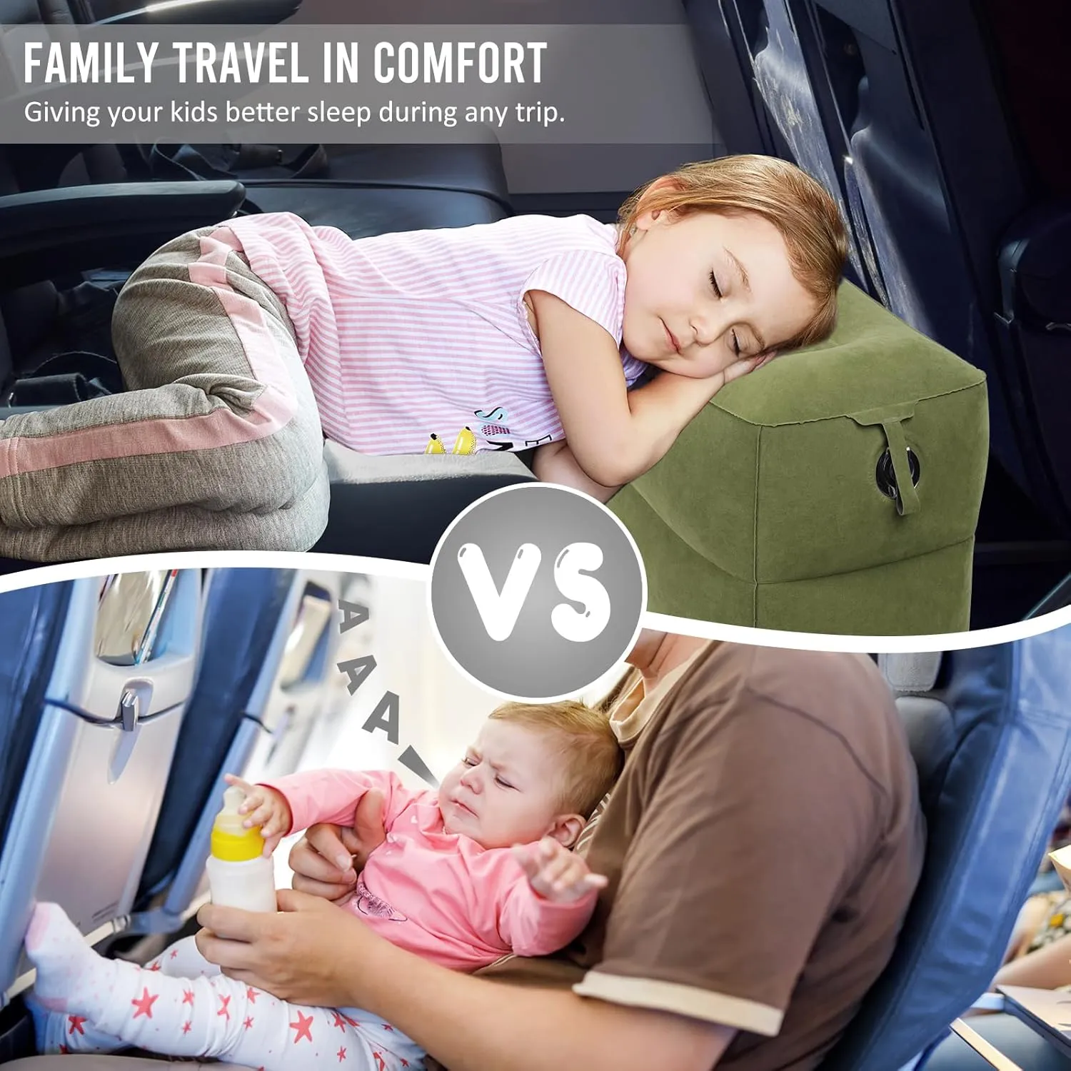 Inflatable Travel Foot Rest Pillow - Blow up Foot Rest for Air Travel, Portable footrest in Airplane for Adults, Car Seat Foot Rest for Kids, Toddlers Airplane Bed with Easy-Carry Strap, Green 2Pack