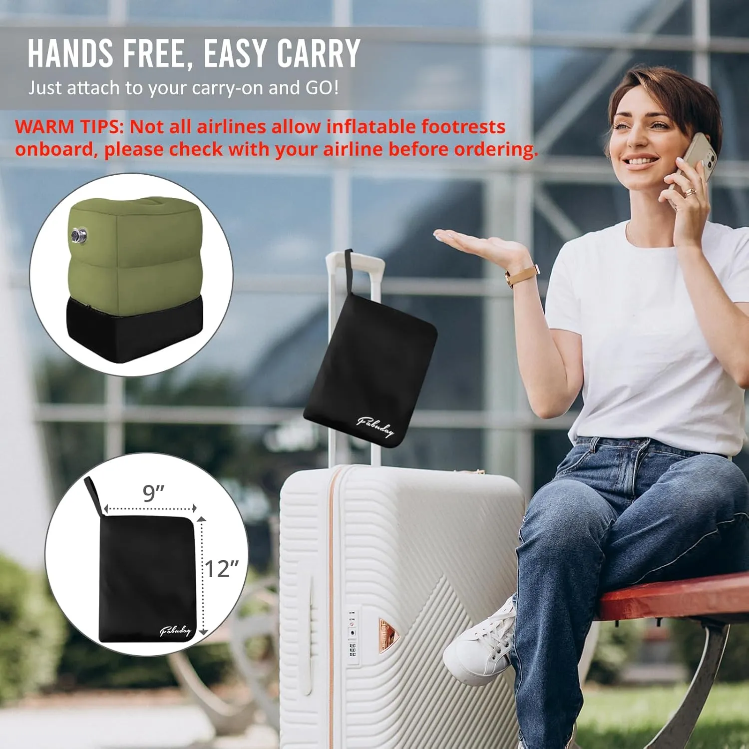 Inflatable Travel Foot Rest Pillow - Blow up Foot Rest for Air Travel, Portable footrest in Airplane for Adults, Car Seat Foot Rest for Kids, Toddlers Airplane Bed with Easy-Carry Strap, Green 2Pack
