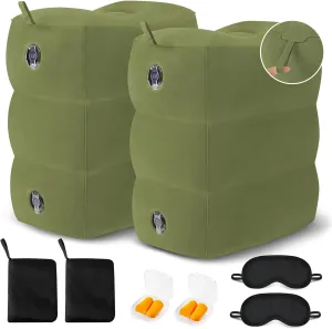 Inflatable Travel Foot Rest Pillow - Blow up Foot Rest for Air Travel, Portable footrest in Airplane for Adults, Car Seat Foot Rest for Kids, Toddlers Airplane Bed with Easy-Carry Strap, Green 2Pack