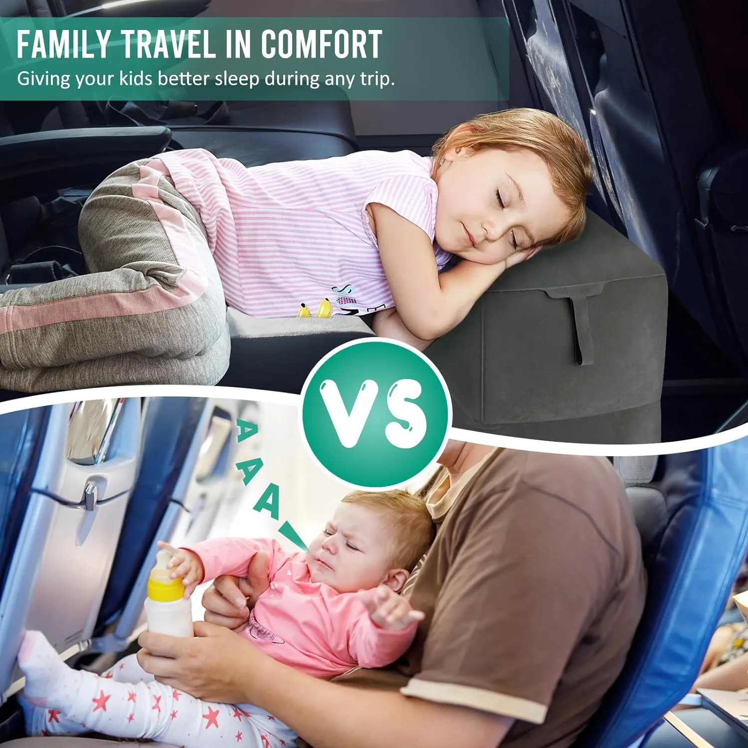 Inflatable Travel Foot Rest Pillow - Travel Foot Rest for Airplane Flights, Car Seat Foot Rest for Kids Airplane Bed for Toddler, Blow up Plane Footrest Pillow with Easy-Carry Strap, Dark Gray 2Pack