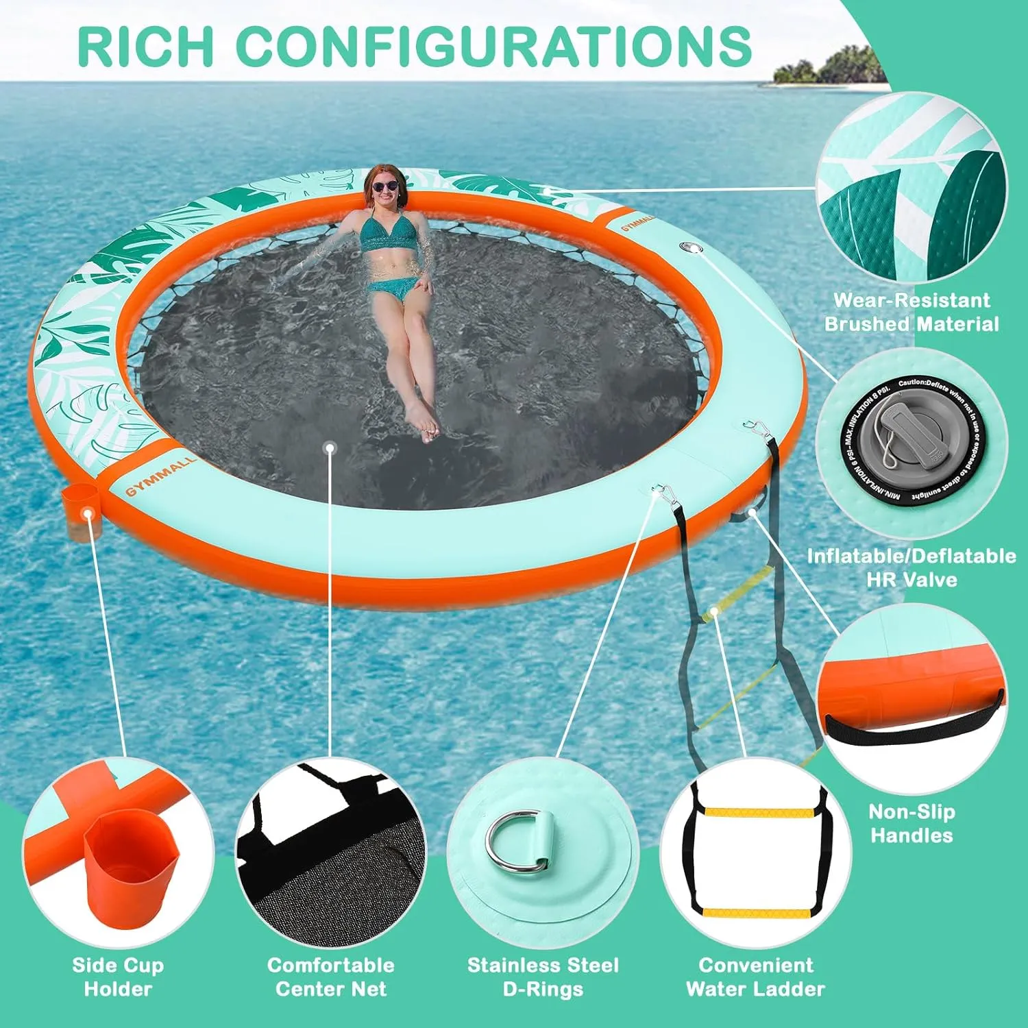 Inflatable Water Hammock Floating Dock 8 FT with Mesh, Tanning Pool Float Round Ring for Adults, Sunchill Mat Raft Platform for Lake and Beach with Water Ladder and Cup Holder