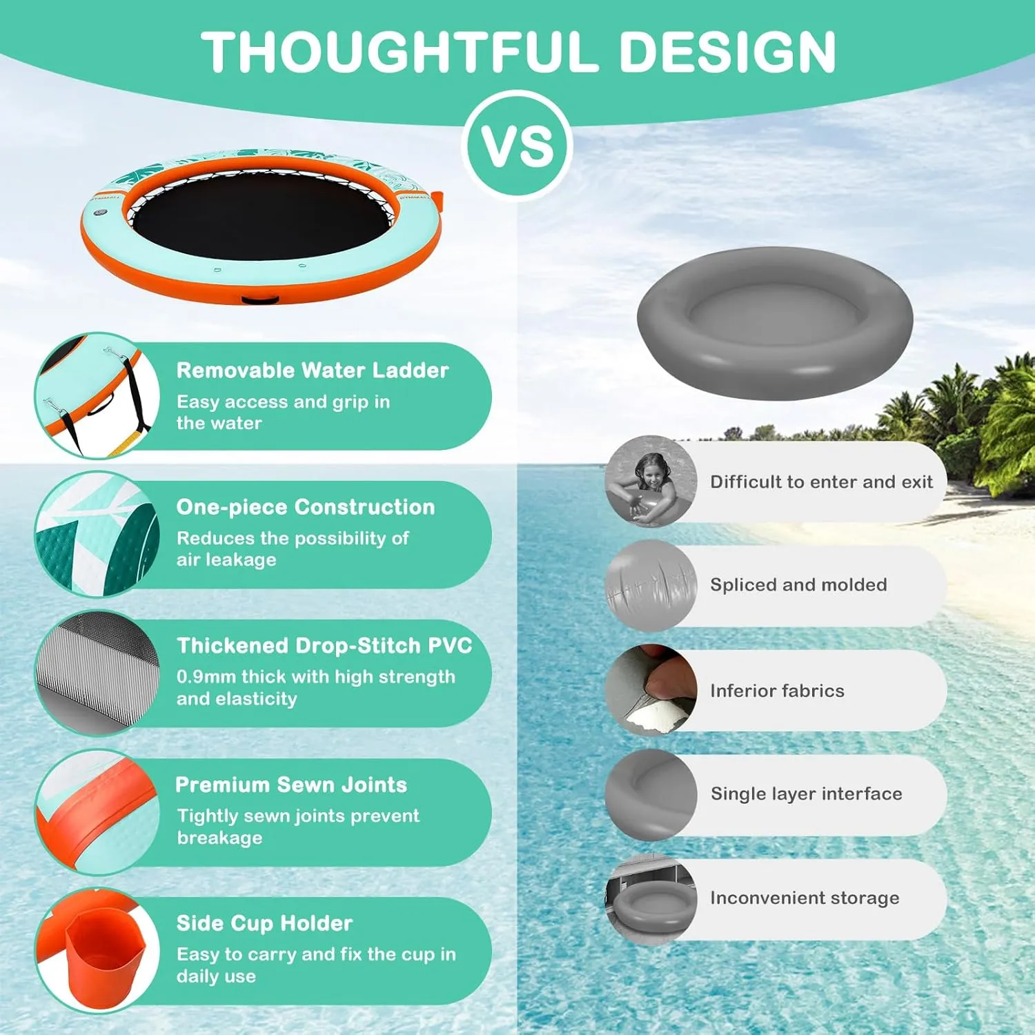 Inflatable Water Hammock Floating Dock 8 FT with Mesh, Tanning Pool Float Round Ring for Adults, Sunchill Mat Raft Platform for Lake and Beach with Water Ladder and Cup Holder