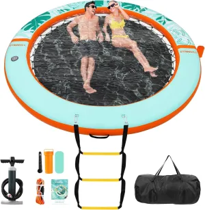 Inflatable Water Hammock Floating Dock 8 FT with Mesh, Tanning Pool Float Round Ring for Adults, Sunchill Mat Raft Platform for Lake and Beach with Water Ladder and Cup Holder