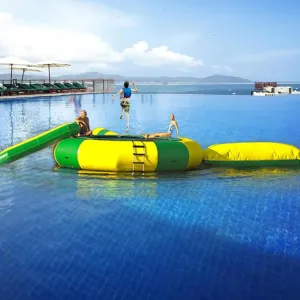 Inflatable Water Trampoline, 10ft/13ft/16ft Recreational Water Bounce Trampoline with Electric Inflator, Portable Bounce Swim Platform with Slide, Pool Lake, Water Sports Toys