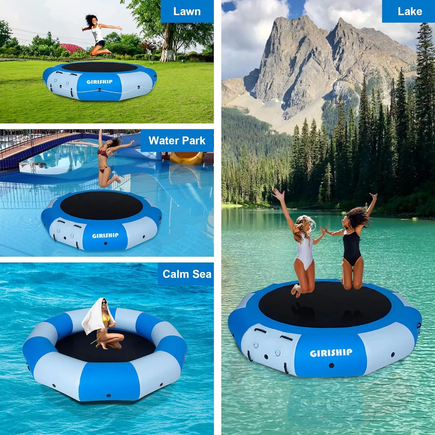 Inflatable Water Trampoline, 8/10/12/15FT Floating Lake Trampoline for Adults Portable Bounce Swim Platform for Lake, Pools with Pump and Rope Ladder