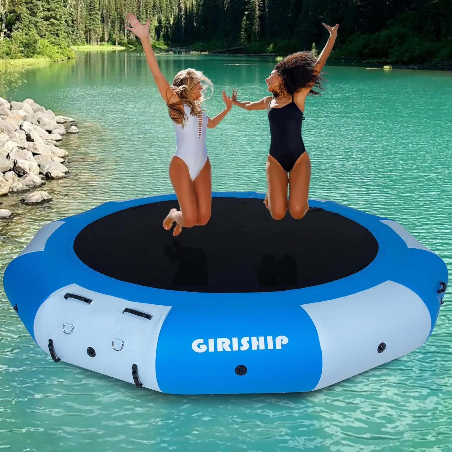 Inflatable Water Trampoline, 8/10/12/15FT Floating Lake Trampoline for Adults Portable Bounce Swim Platform for Lake, Pools with Pump and Rope Ladder