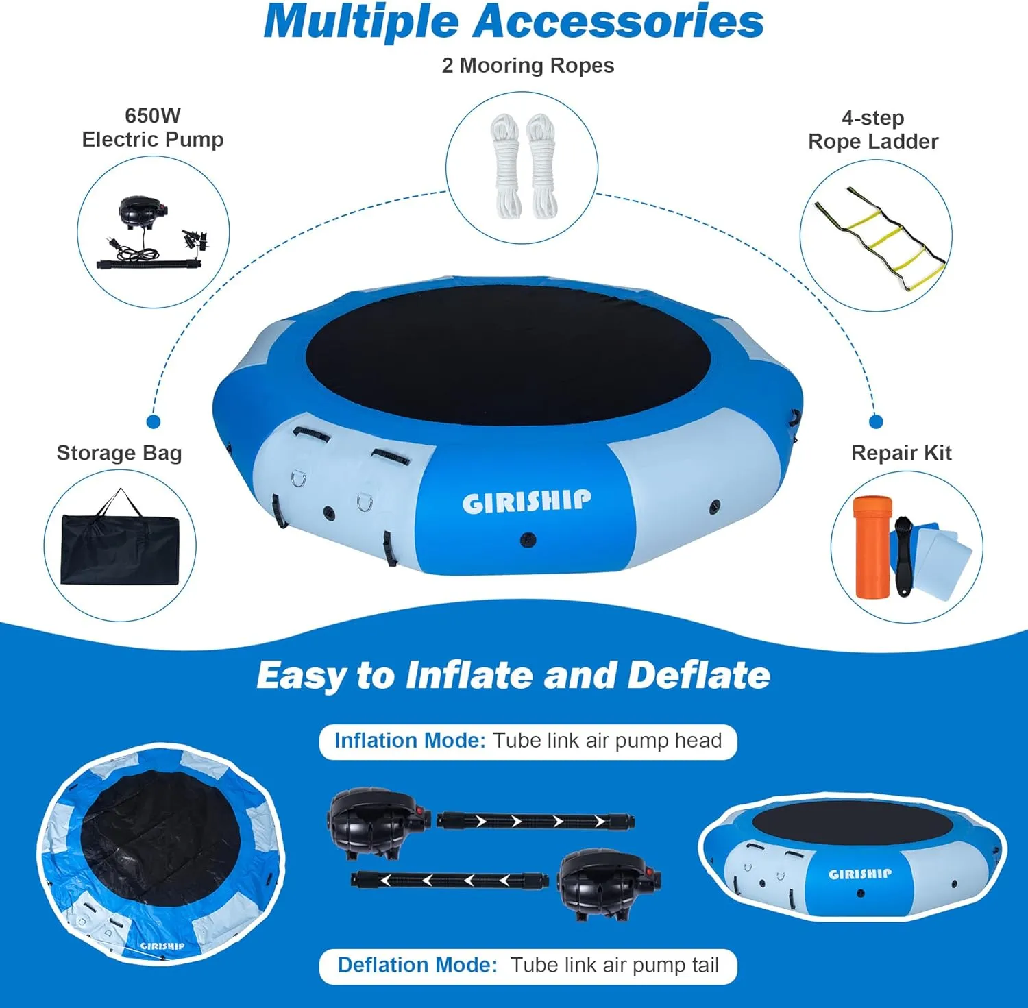 Inflatable Water Trampoline, 8/10/12/15FT Floating Lake Trampoline for Adults Portable Bounce Swim Platform for Lake, Pools with Pump and Rope Ladder