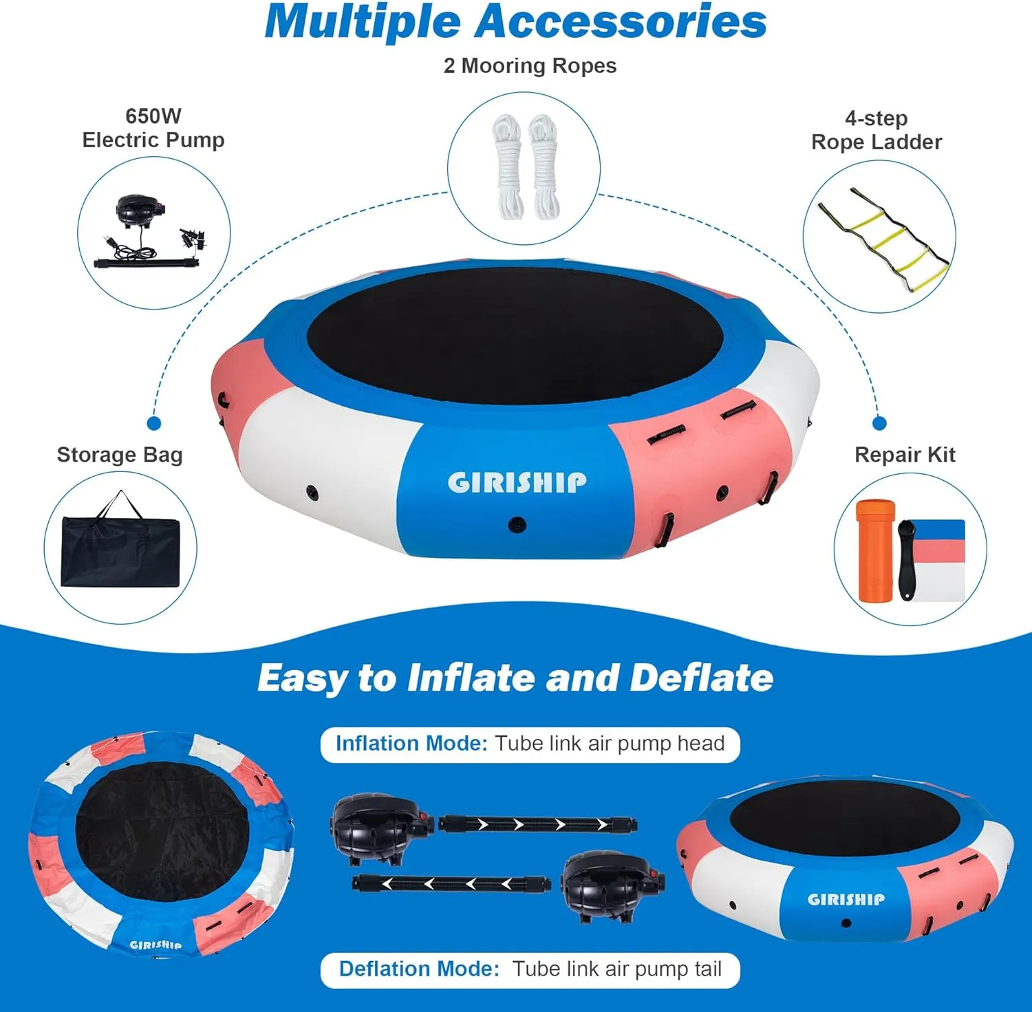 Inflatable Water Trampoline, 8/10/12/15FT Floating Lake Trampoline for Adults Portable Bounce Swim Platform for Lake, Pools with Pump and Rope Ladder