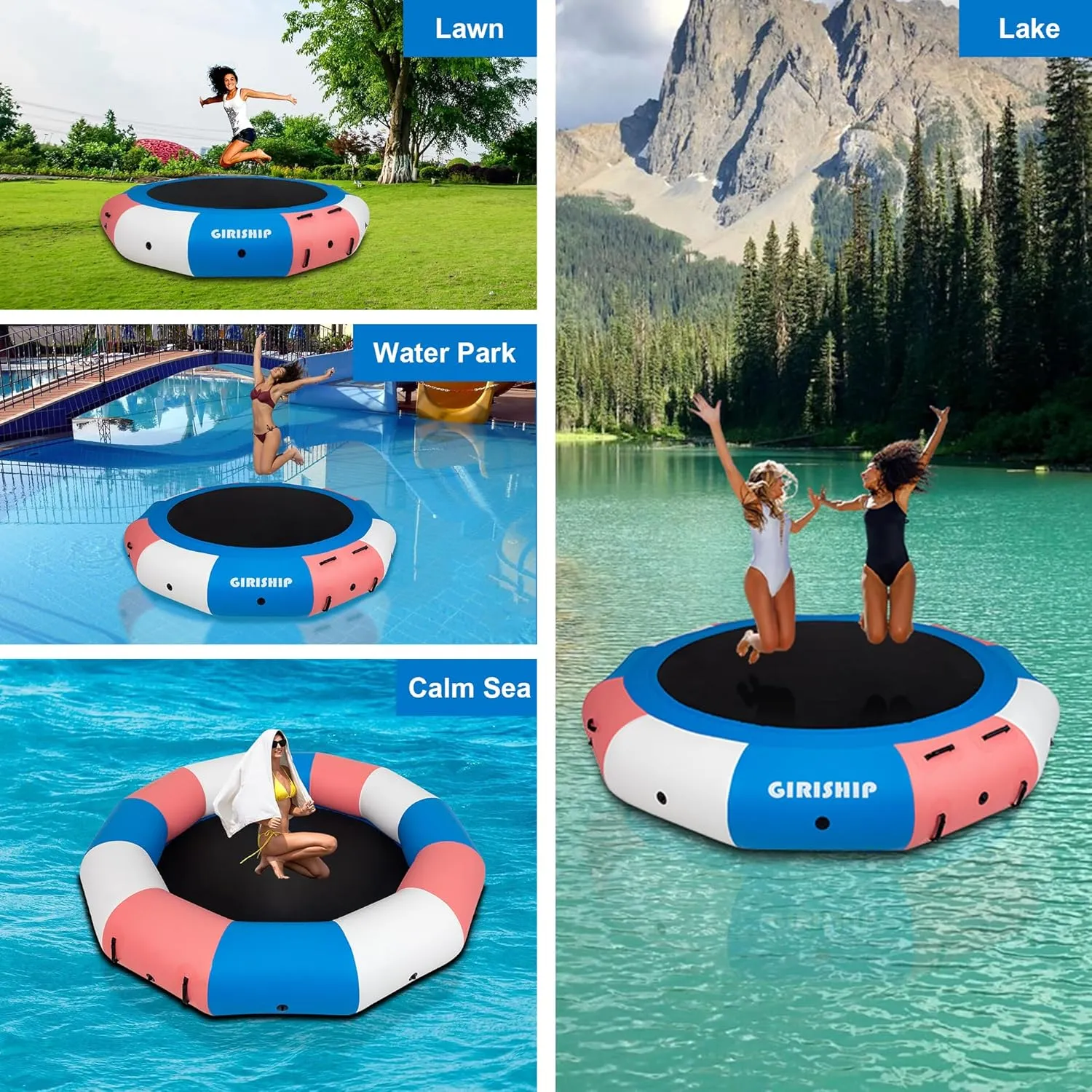 Inflatable Water Trampoline, 8/10/12/15FT Floating Lake Trampoline for Adults Portable Bounce Swim Platform for Lake, Pools with Pump and Rope Ladder