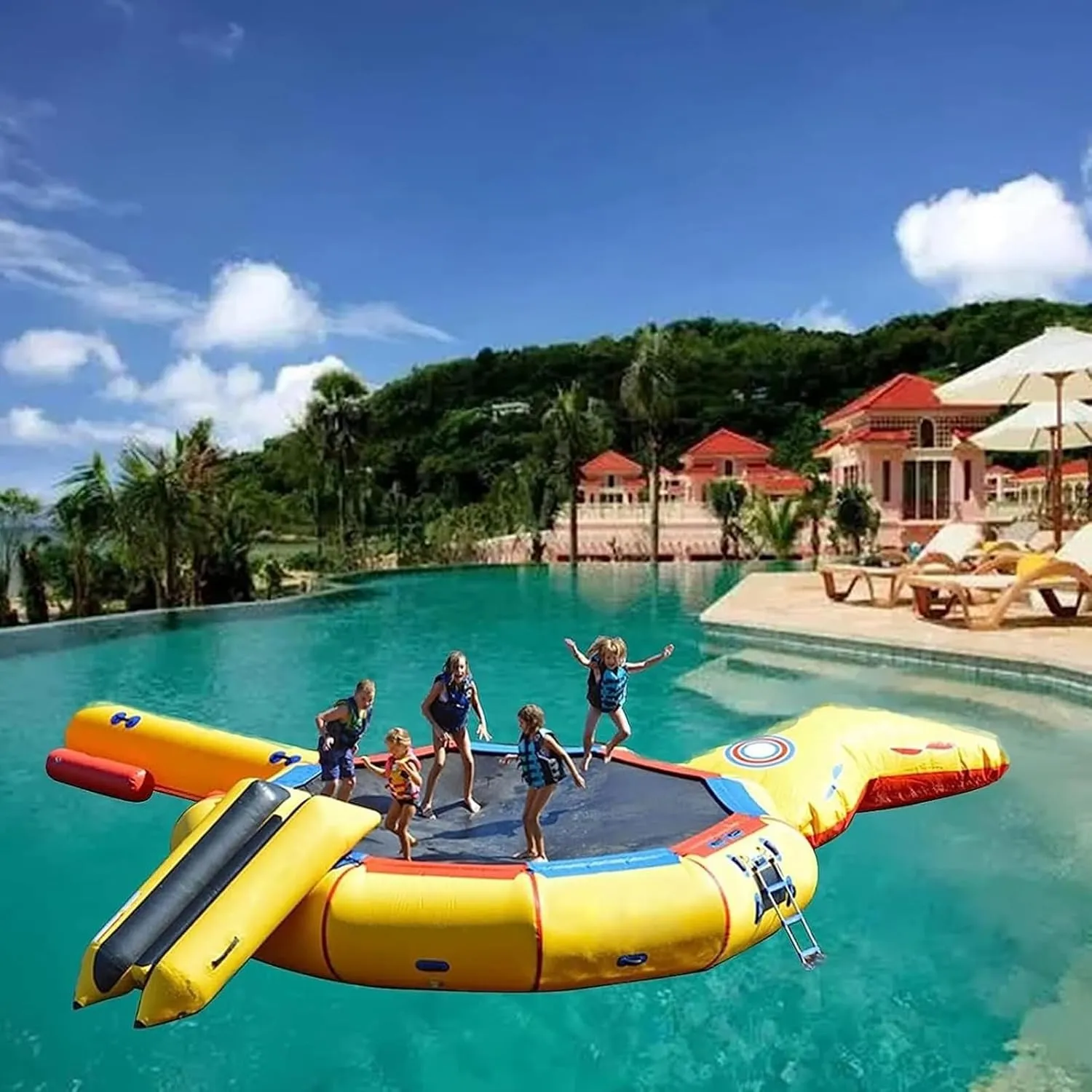 Inflatable Water Trampoline Bouncing Splash Pad with Rope Ladder, Slide and Jumping Bag for Lakes, Swimming Pools, Suitable for Adults (16.4Ft)