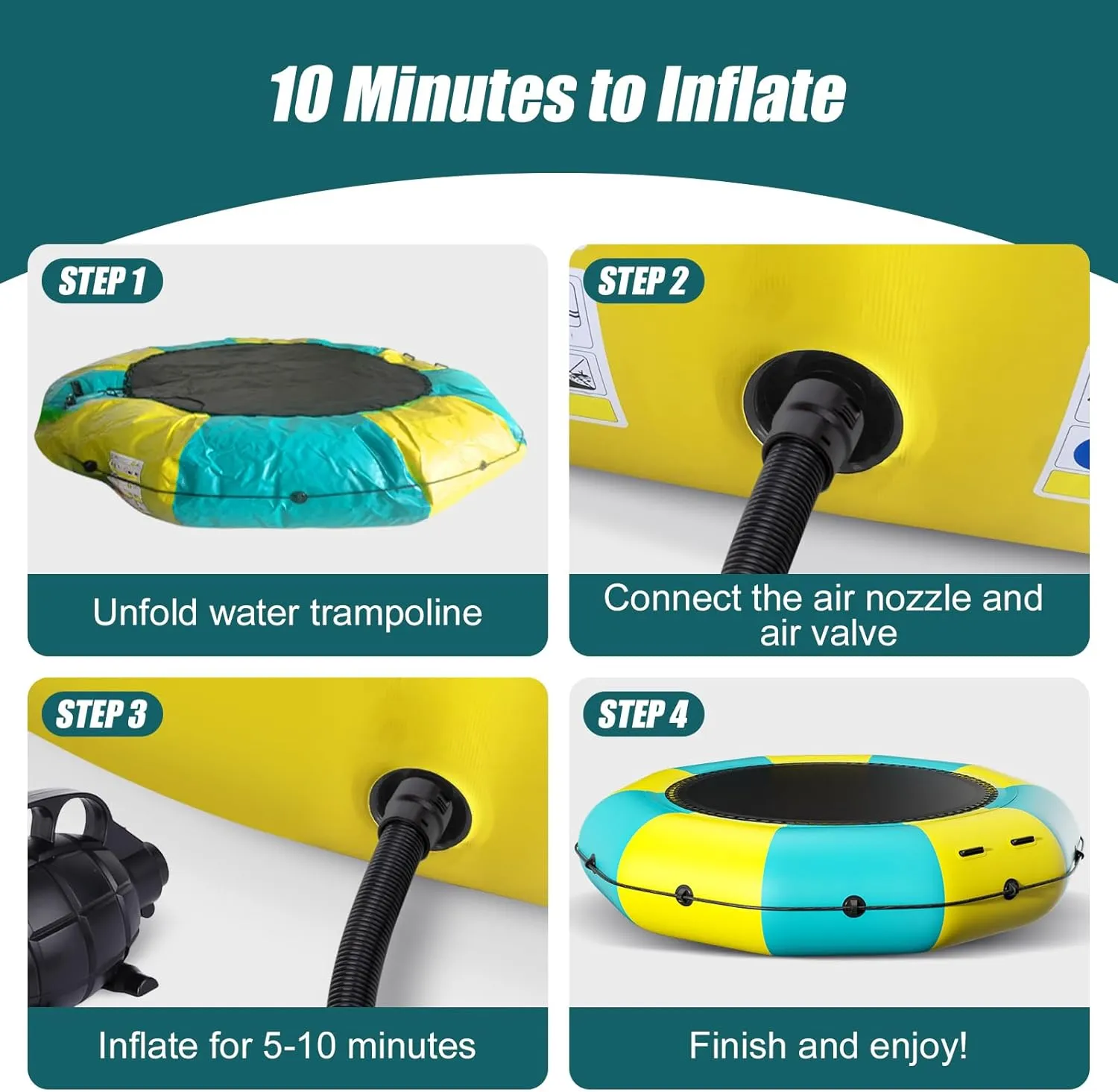 Inflatable Water Trampoline for Lake, 6FT/10FT/12FT/15FT Recreational Floating Water Bouncer with 500W Electric Inflator & Rope Ladder, Kids Adults Portable Pool Trampoline Swim Platform
