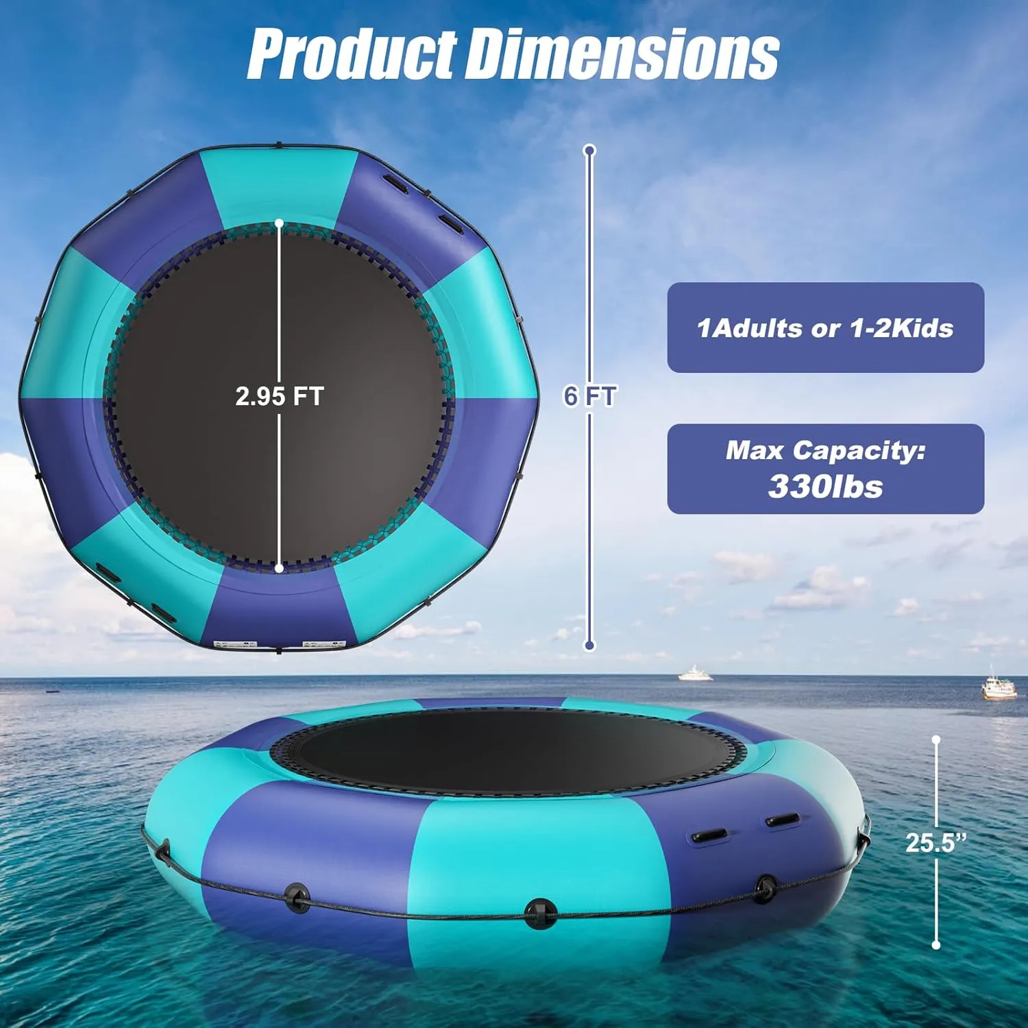 Inflatable Water Trampoline for Lake, 6FT/10FT/12FT/15FT Recreational Floating Water Bouncer with 500W Electric Inflator & Rope Ladder, Kids Adults Portable Pool Trampoline Swim Platform