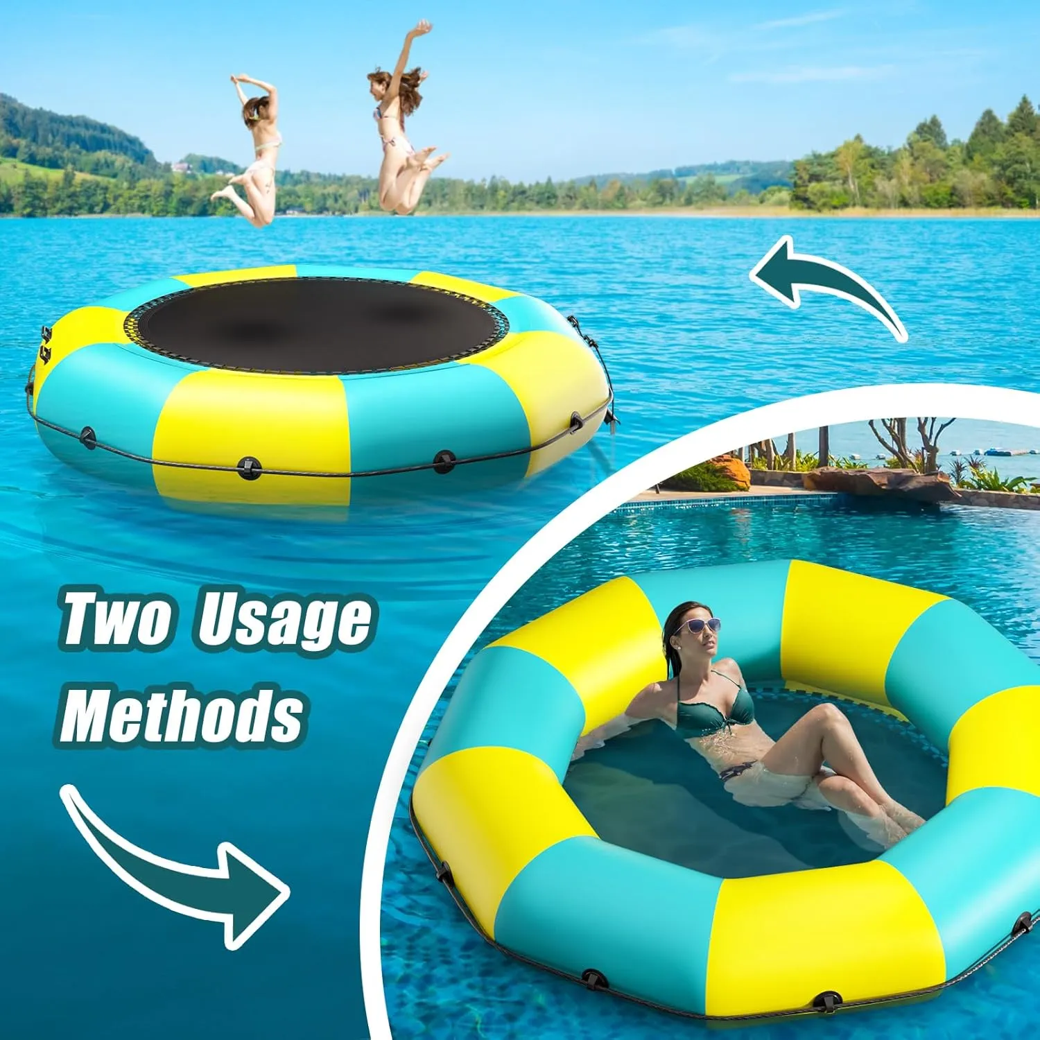Inflatable Water Trampoline for Lake, 6FT/10FT/12FT/15FT Recreational Floating Water Bouncer with 500W Electric Inflator & Rope Ladder, Kids Adults Portable Pool Trampoline Swim Platform