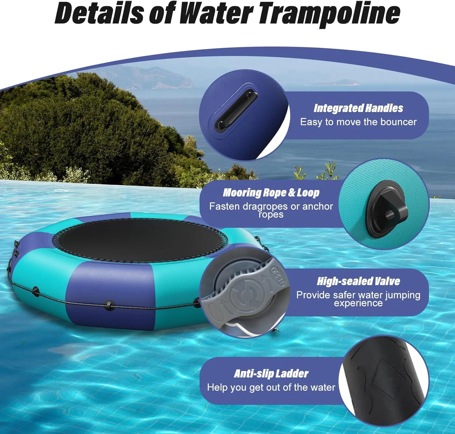 Inflatable Water Trampoline for Lake, 6FT/10FT/12FT/15FT Recreational Floating Water Bouncer with 500W Electric Inflator & Rope Ladder, Kids Adults Portable Pool Trampoline Swim Platform