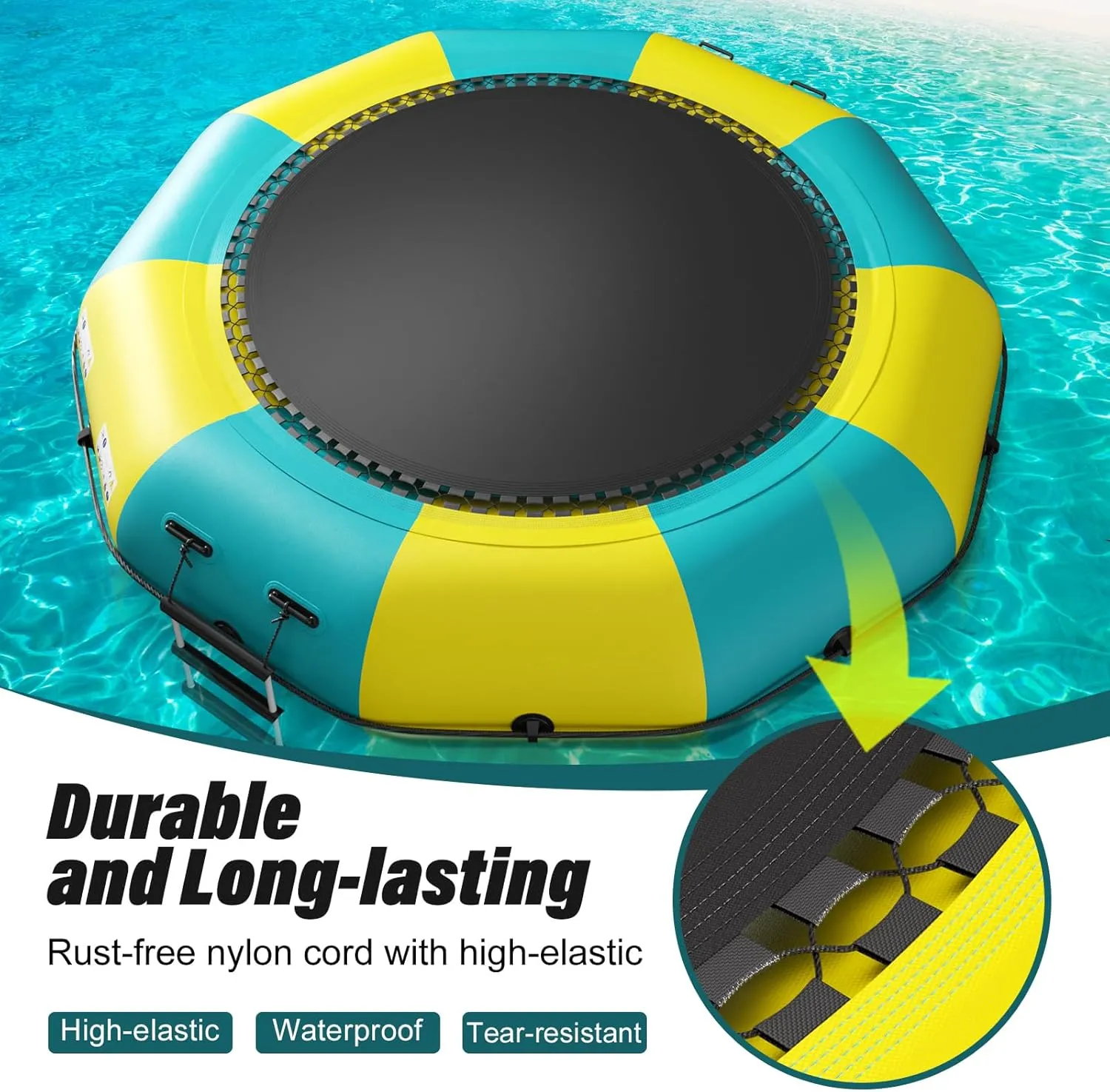 Inflatable Water Trampoline for Lake, 6FT/10FT/12FT/15FT Recreational Floating Water Bouncer with 500W Electric Inflator & Rope Ladder, Kids Adults Portable Pool Trampoline Swim Platform