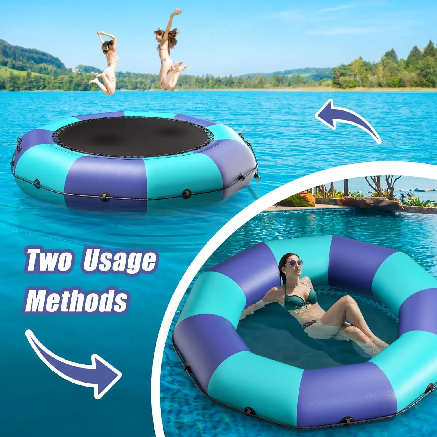 Inflatable Water Trampoline for Lake, 6FT/10FT/12FT/15FT Recreational Floating Water Bouncer with 500W Electric Inflator & Rope Ladder, Kids Adults Portable Pool Trampoline Swim Platform