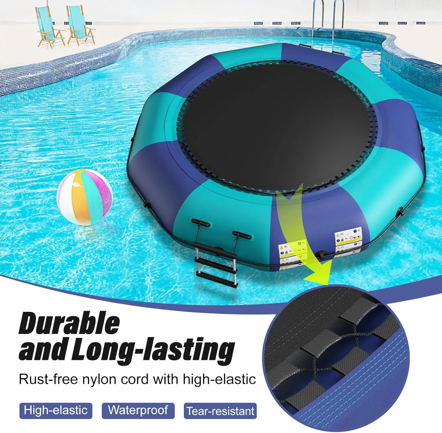 Inflatable Water Trampoline for Lake, 6FT/10FT/12FT/15FT Recreational Floating Water Bouncer with 500W Electric Inflator & Rope Ladder, Kids Adults Portable Pool Trampoline Swim Platform