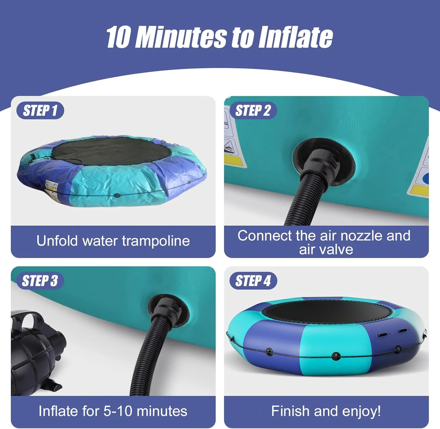 Inflatable Water Trampoline for Lake, 6FT/10FT/12FT/15FT Recreational Floating Water Bouncer with 500W Electric Inflator & Rope Ladder, Kids Adults Portable Pool Trampoline Swim Platform