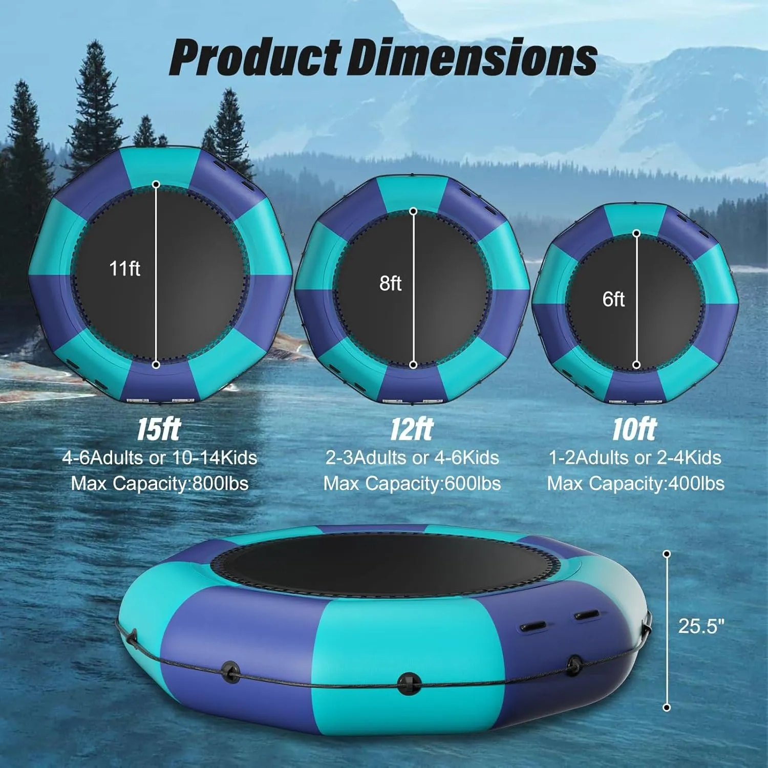 Inflatable Water Trampoline for Lake, 6FT/10FT/12FT/15FT Recreational Floating Water Bouncer with 500W Electric Inflator & Rope Ladder, Kids Adults Portable Pool Trampoline Swim Platform