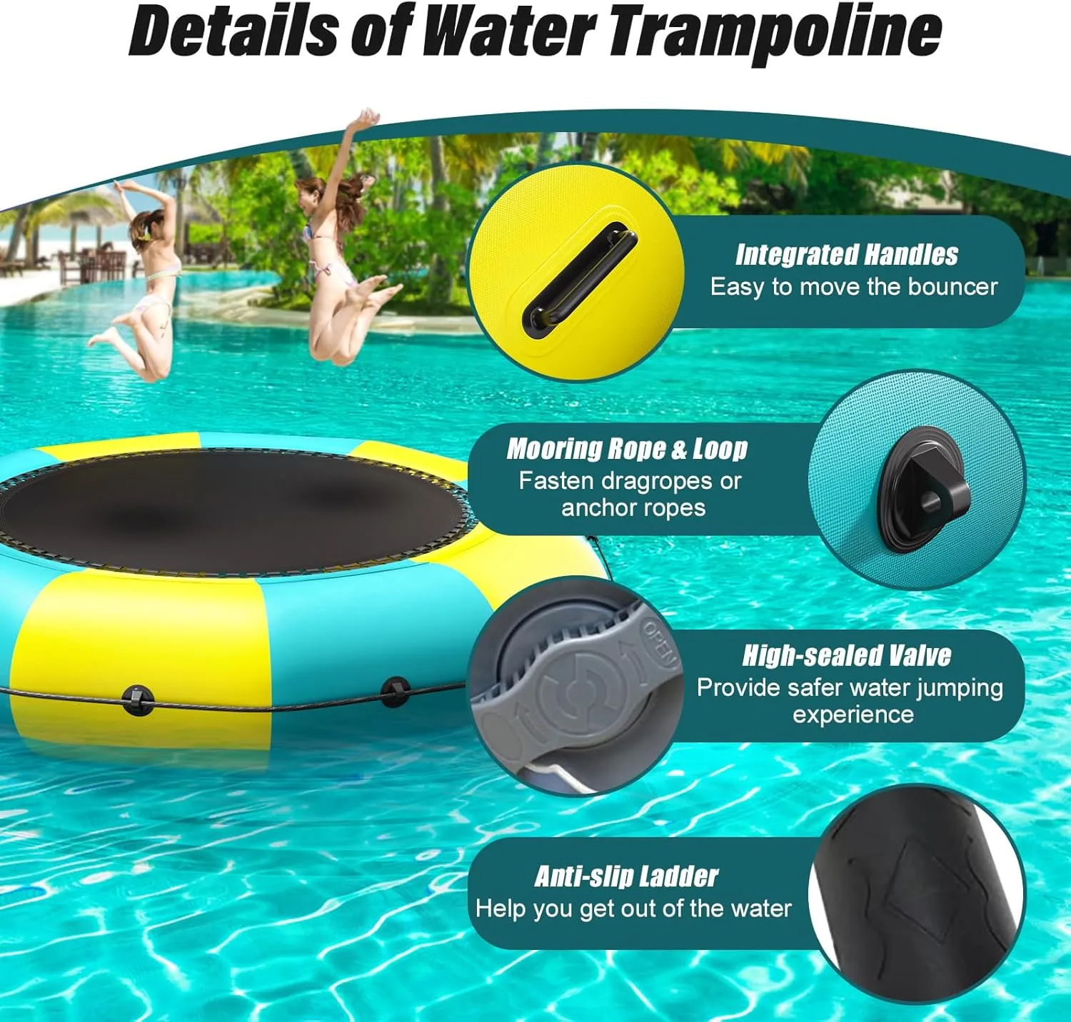 Inflatable Water Trampoline for Lake, 6FT/10FT/12FT/15FT Recreational Floating Water Bouncer with 500W Electric Inflator & Rope Ladder, Kids Adults Portable Pool Trampoline Swim Platform