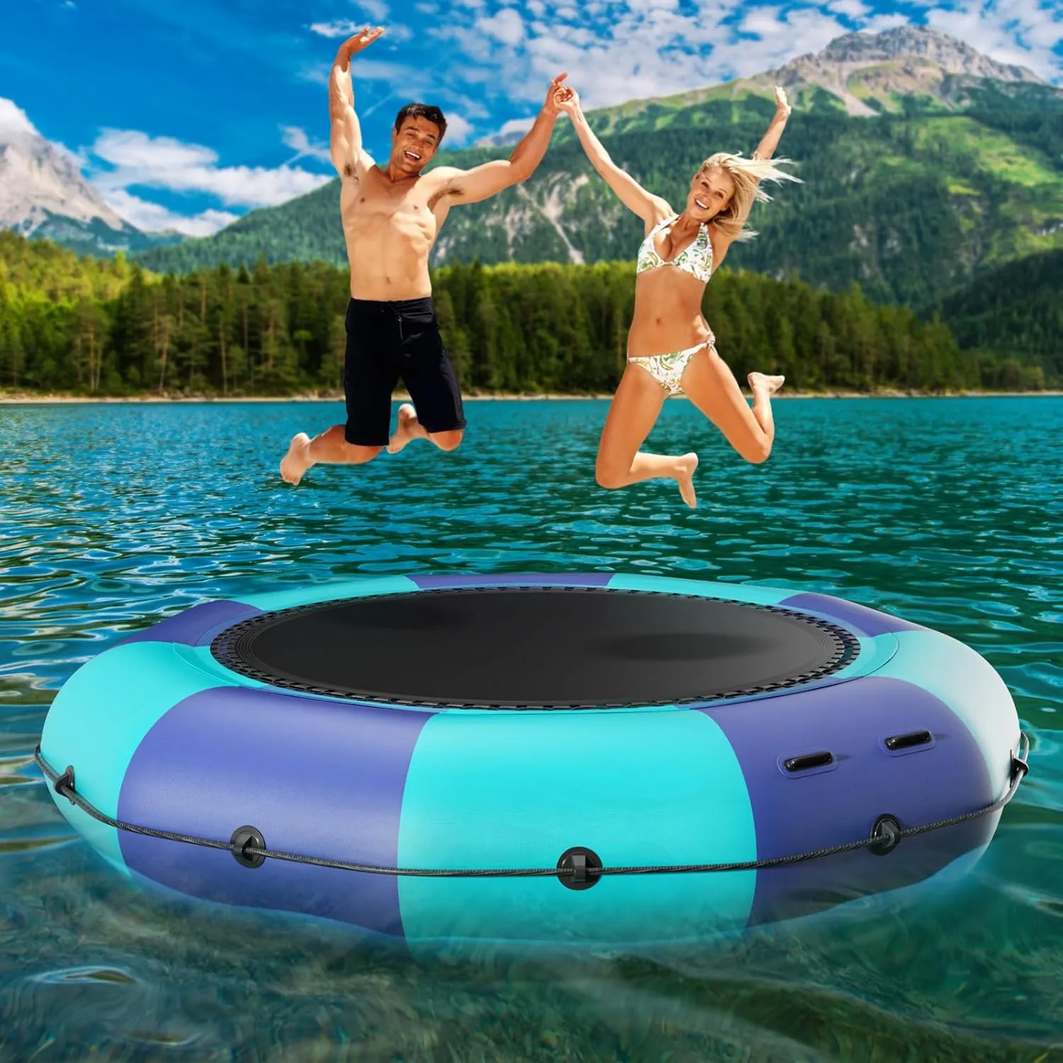Inflatable Water Trampoline for Lake, 6FT/10FT/12FT/15FT Recreational Floating Water Bouncer with 500W Electric Inflator & Rope Ladder, Kids Adults Portable Pool Trampoline Swim Platform