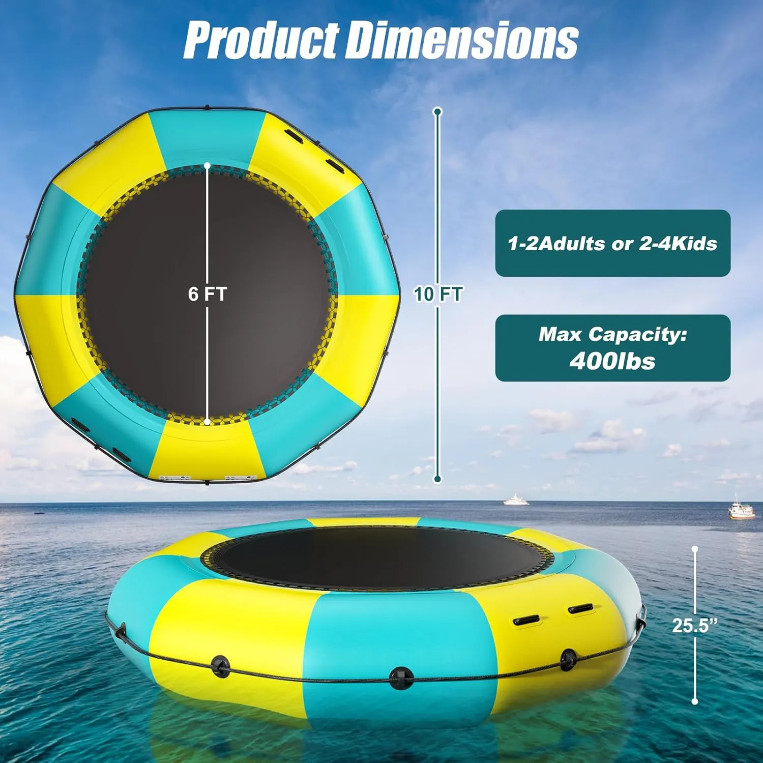 Inflatable Water Trampoline for Lake, 6FT/10FT/12FT/15FT Recreational Floating Water Bouncer with 500W Electric Inflator & Rope Ladder, Kids Adults Portable Pool Trampoline Swim Platform
