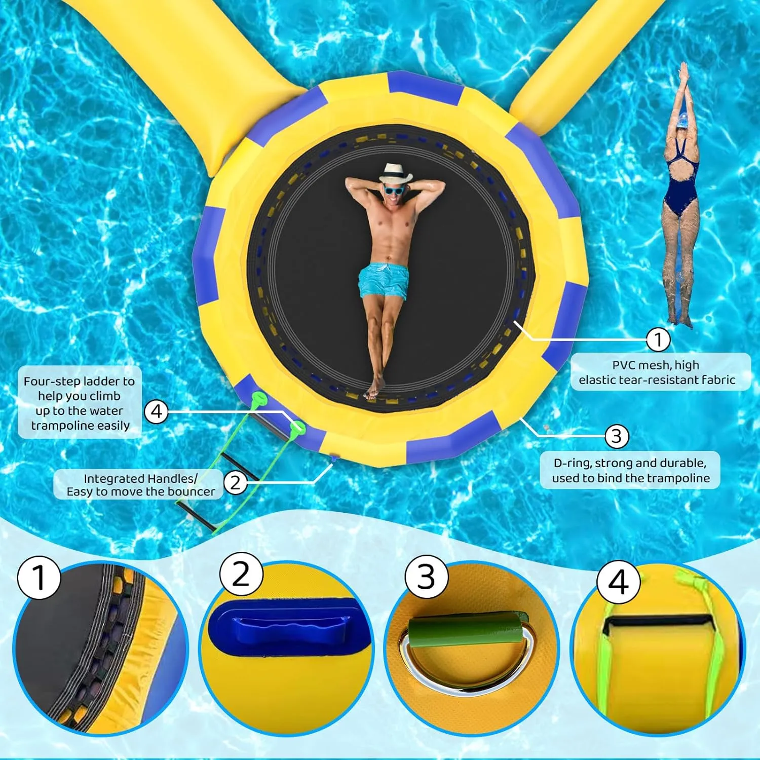 Inflatable Water Trampoline for Lake Pool Ocean，Floating Trampoline for Adults and Kids, Portable Bounce Swimming Platform for Lakes, Pools with Pump and Rope Ladder Water Park