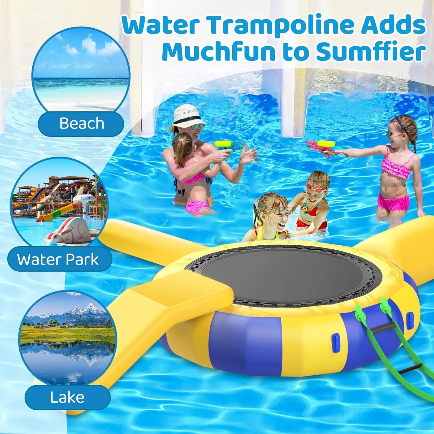 Inflatable Water Trampoline for Lake Pool Ocean，Floating Trampoline for Adults and Kids, Portable Bounce Swimming Platform for Lakes, Pools with Pump and Rope Ladder Water Park