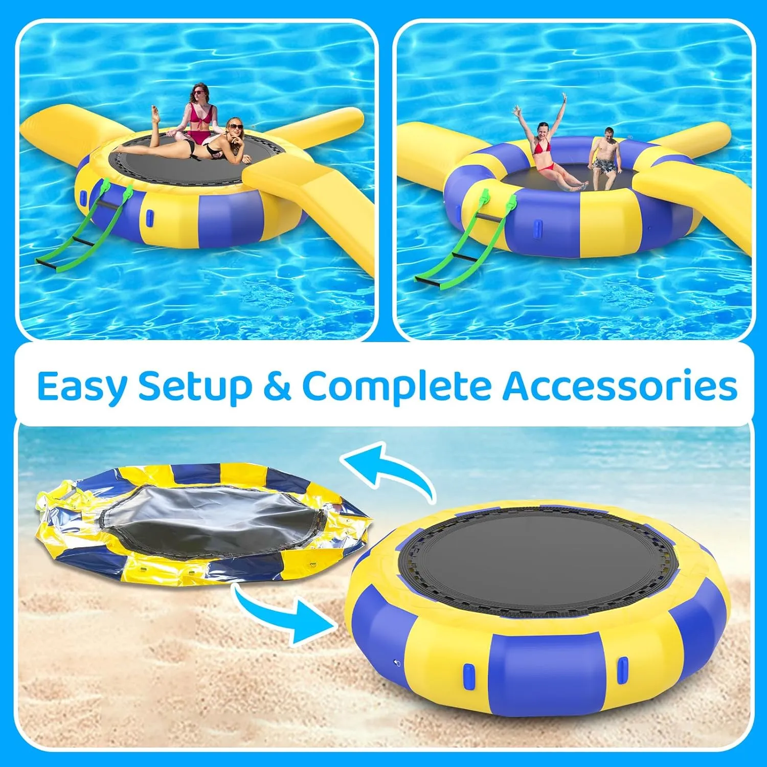 Inflatable Water Trampoline for Lake Pool Ocean，Floating Trampoline for Adults and Kids, Portable Bounce Swimming Platform for Lakes, Pools with Pump and Rope Ladder Water Park