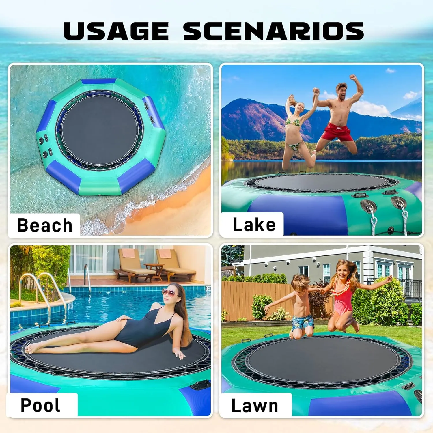 Inflatable Water Trampoline for Lake,10FT/12FT Floating Water Trampoline for Adults Portable Bounce Swim Platform with Electric Pump and Rope Ladder