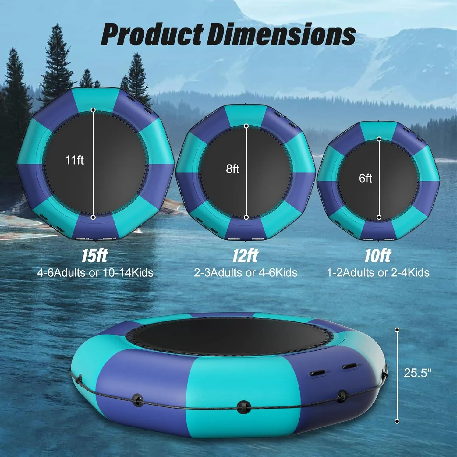 Inflatable Water Trampoline,10Ft/12Ft/15Ft Recreational Water Bouncer,Floating Water Trampoline with 500W Electric Inflator & Rope Ladder