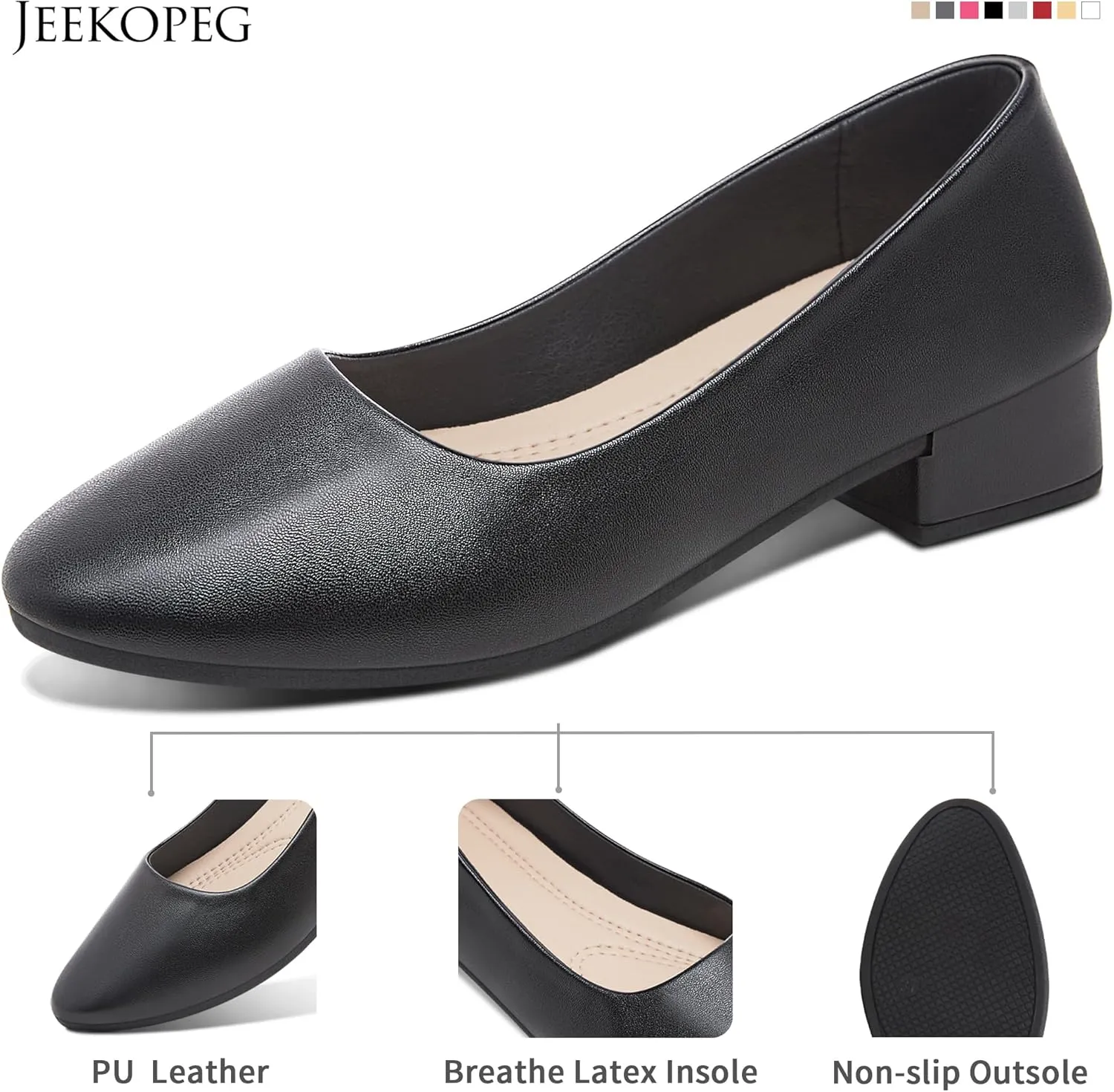 Jeekopeg Low Chunky Pumps Women's Round Toe Heels PU Leather Chunky Pump Shoes Classic Closed Toe Pumps Low Heel Dress Shoes for Women