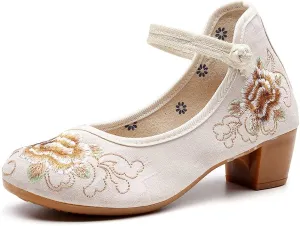 JOEupin Women Chinese Embroidered Flower Flat Bridal Mary Jane Ballet Shoes