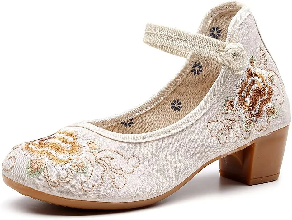JOEupin Women Chinese Embroidered Flower Flat Bridal Mary Jane Ballet Shoes