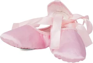 JUODVMP Girls Ballet Dance Shoes Satin Slippers Gymnastics Flats Split Sole with Ribbon,Model TJBLDM