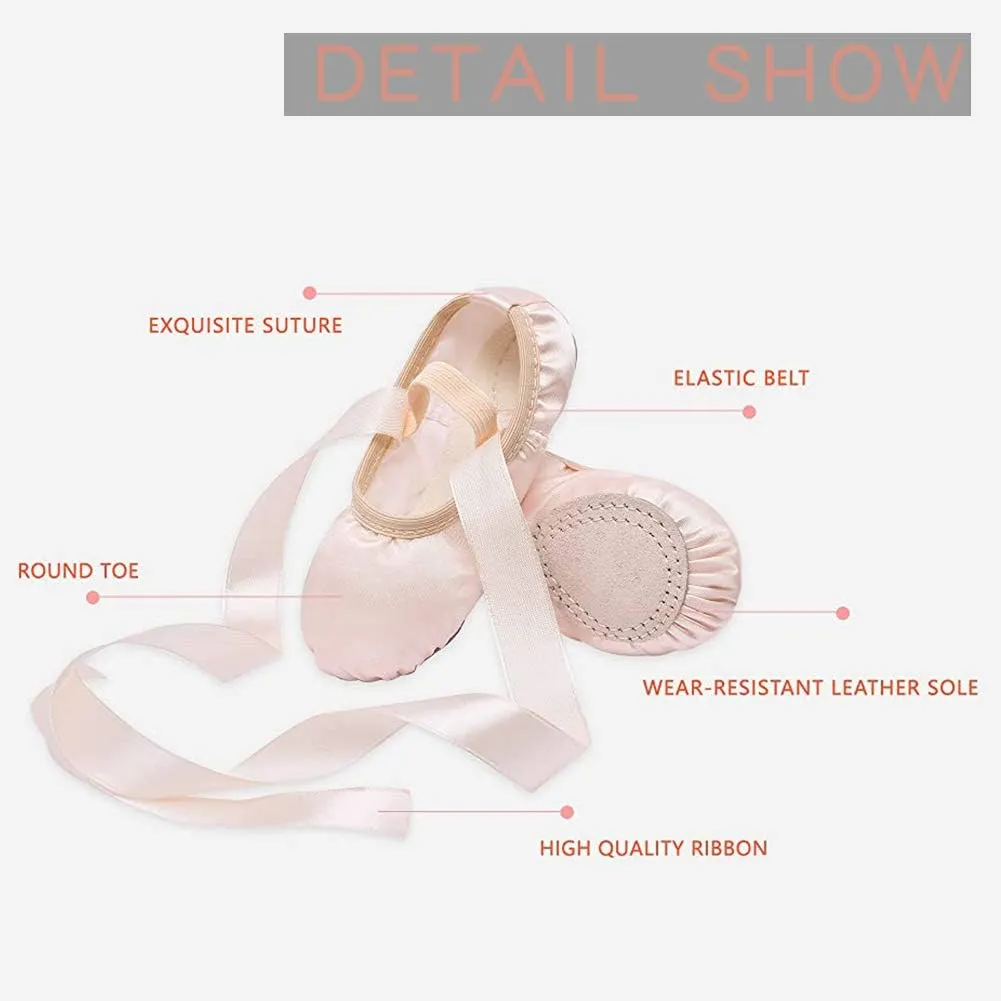 JUODVMP Girls Ballet Dance Shoes Satin Slippers Gymnastics Flats Split Sole with Ribbon,Model TJBLDM